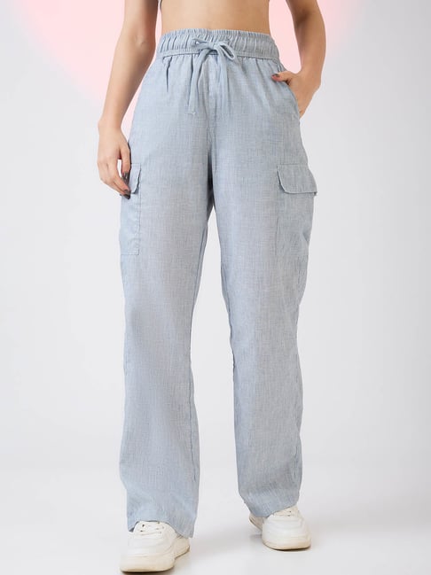 Globus Women Light Blue Self Design Checkered Mid Rise Drawstring Waist Cargo Trousers-picture-36