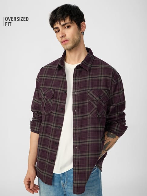 The Souled Store Maroon Cotton Loose Fit Checks Shirt