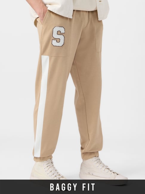 The Souled Store Beige Cotton Loose Fit Self Pattern Trackpants-picture-29