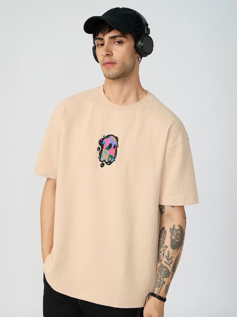The Souled Store Beige Cotton Loose Fit Embroidered T-Shirt