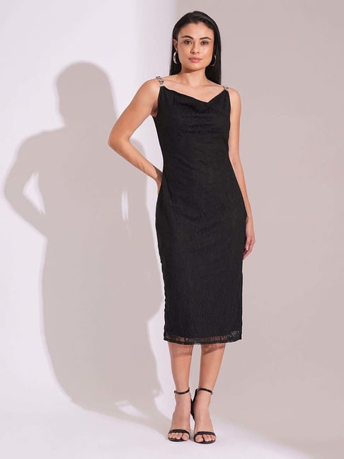 Western Wear Middy Dress For Party Globus Women Black Cowl Neck