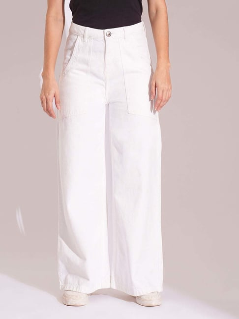 Globus Women White Cotton High Rise Wide Leg Jeans