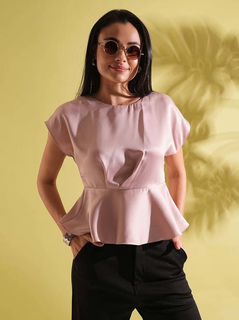 Globus Women Pink Satin Round Neck Extended Sleeves Peplum Work Wear Top-picture-14