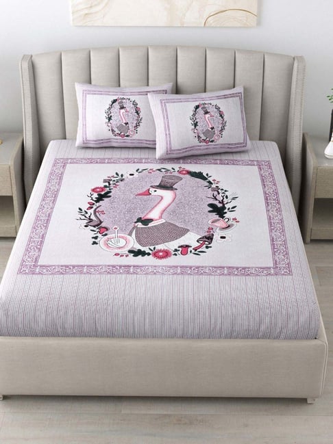 JaipurFabric Purple Cotton 180 TC Swan Printed Bedsheet with 2 Pillow Covers-picture-44
