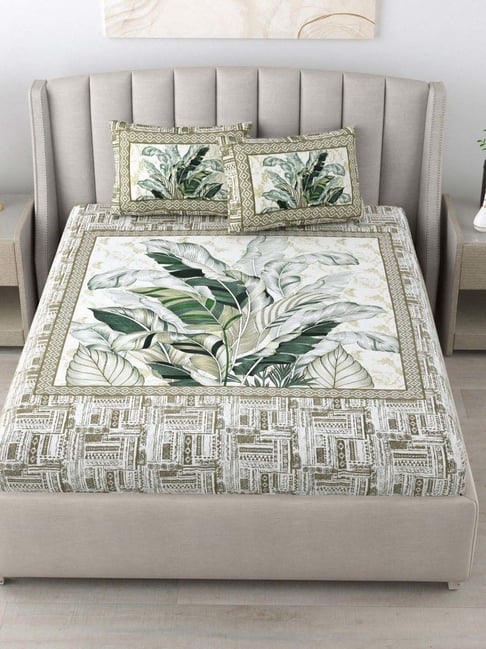 JaipurFabric Green Cotton 180 TC Leaf Printed Bedsheet with 2 Pillow Covers-picture-28