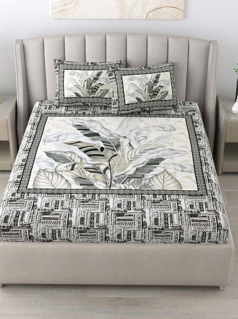 JaipurFabric Black & White Cotton 180 TC Leaf Printed Bedsheet with 2 Pillow Covers-picture-13