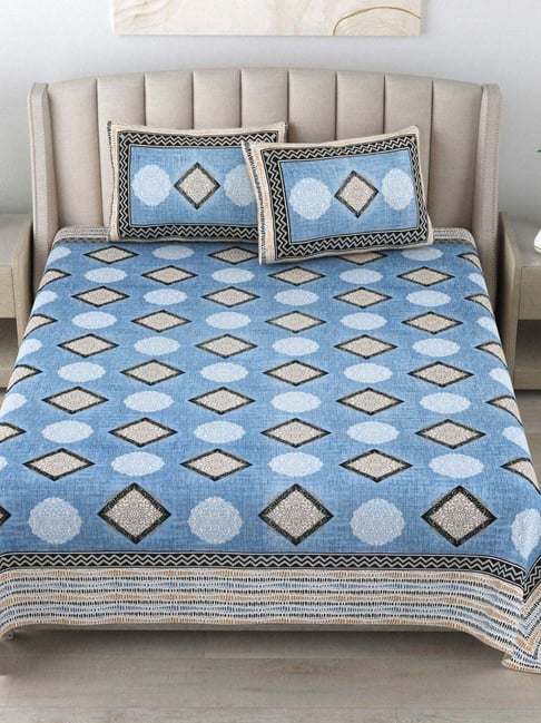 JaipurFabric Blue Cotton 180 TC Block Printed Bedsheet with 2 Pillow Covers-picture-15