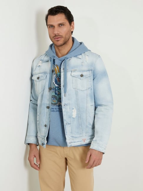 Guess Blue Cotton Regular Fit Solid Jacket