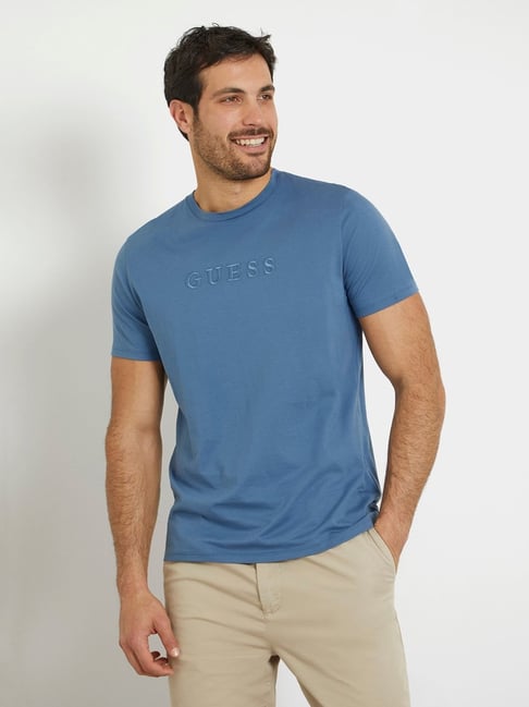 Guess Blue Cotton Slim Fit Solid T-Shirt