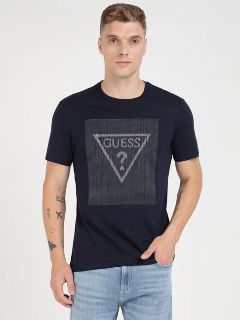 Guess Blue Cotton Slim Fit Print T-Shirt