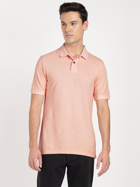 Guess Pink Cotton Regular Fit Solid Polo T-Shirt