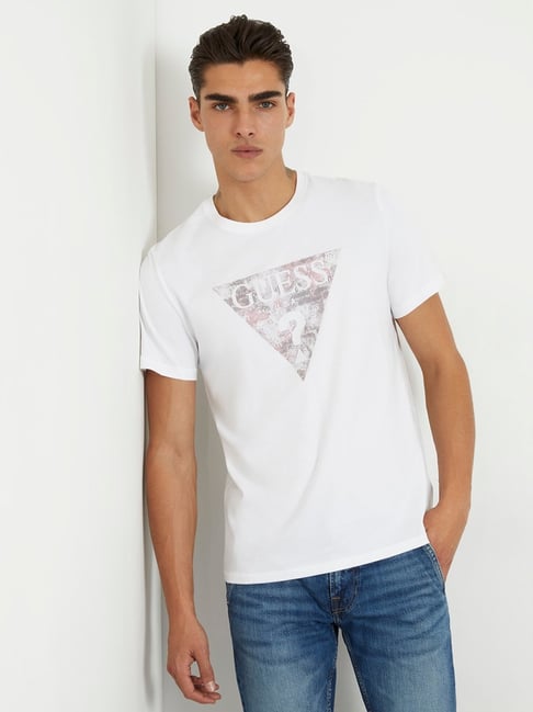 Guess White Slim Fit Print T-shirt
