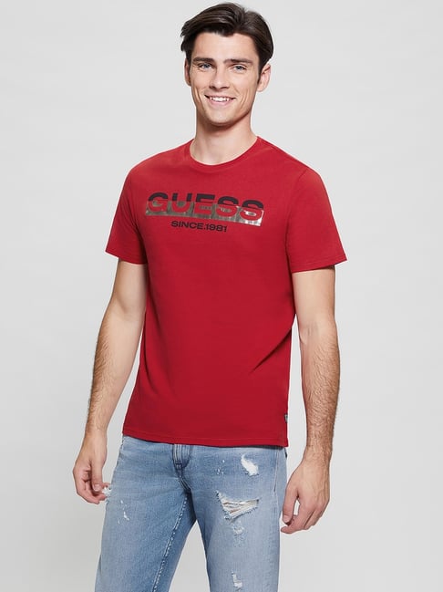 Guess Red Cotton Slim Fit Print T-shirt