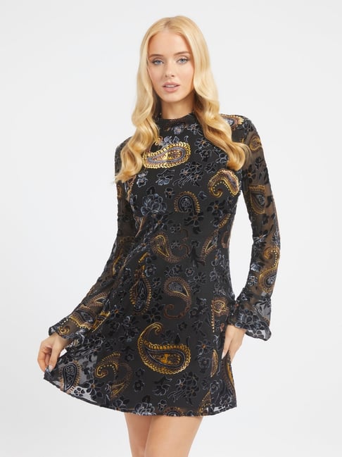 Guess Black Print Full Sleeves Dress