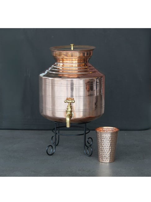 Indian Bartan Brown Copper Water Dispenser With Glass (10000ml) - Set of 2