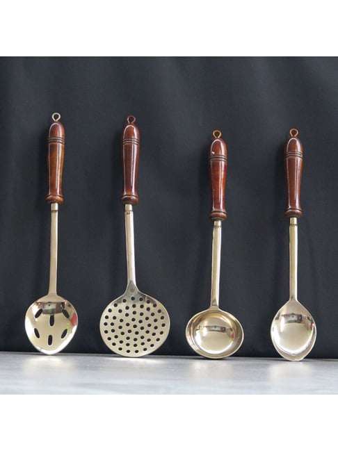 Indian Bartan Gold Brass Ladles With Wooden Handle - Set of 4