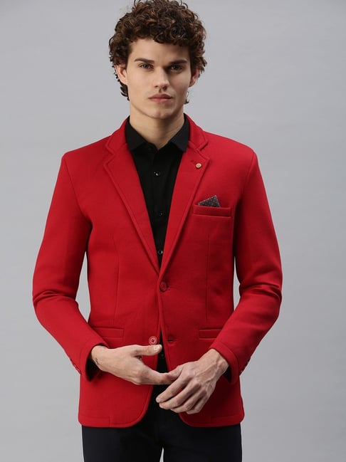 SHOWOFFFF Red Cotton Slim Fit Solid Blazer