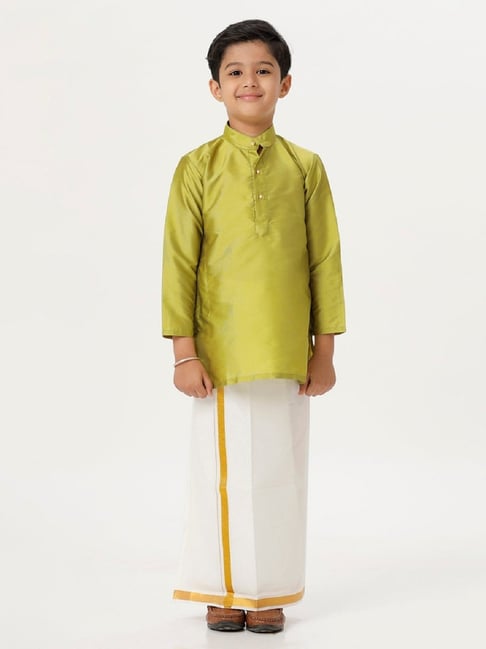 Ramraj Cotton Dhoti Pant Kids Ramraj Boys Green Cream Kurta Dhoti Set