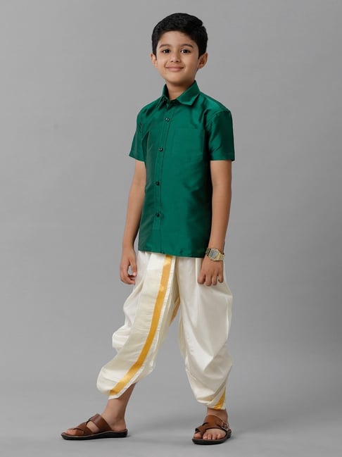 Kurta Ramraj Kidswear Ramraj Boys Green Cream Shirt Dhoti Set