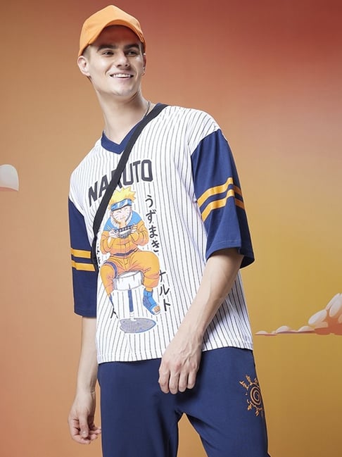 Bewakoof Official Naruto Men's Blue & White Ramen Jersey Graphic Printed Oversized T-shirt