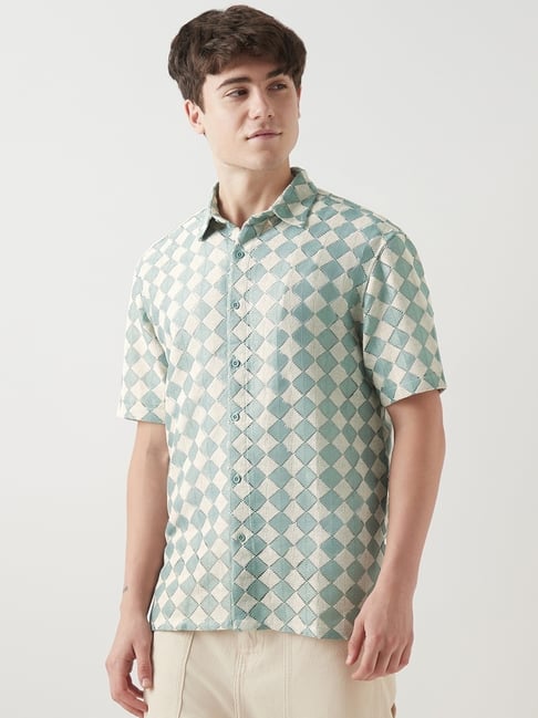 Bewakoof Men's Green & Beige Textured Oversized Shirt-picture-36