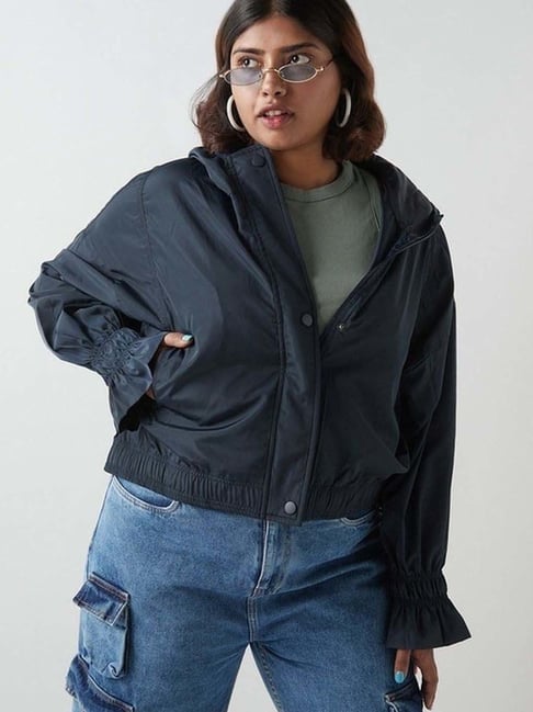 Bewakoof Women's Navy Blue Oversized Plus Size Hooded Windcheater Jacket