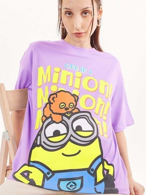 Bewakoof Women's Purple Minion Graphic Printed Oversized T-shirt