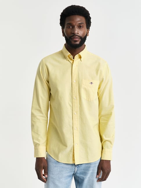 GANT Men Button-Down Solid Oxford Cotton Casual Yellow Shirt