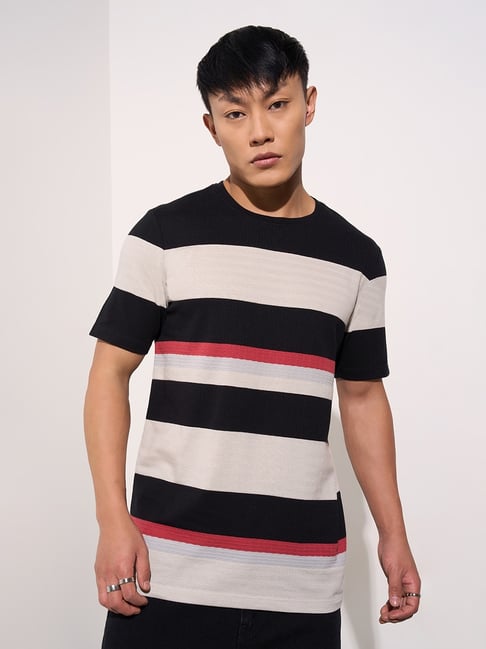Sf Jeans By Pantaloons Beige Black Slim Fit Stripe T-Shirt