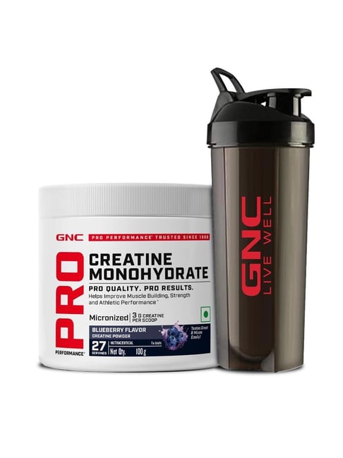 GNC Creatine Monohydrate Blueberry Pre/Intra/Post-Workout Powder with Shaker Combo - 100gm | 750ml