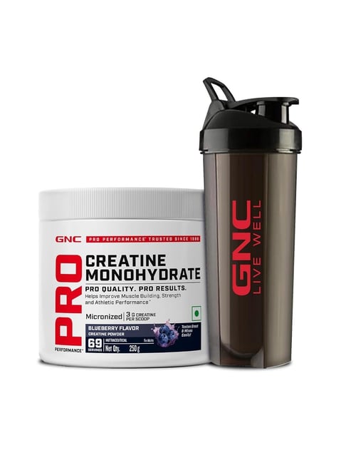 GNC Creatine Monohydrate Blueberry Pre/Intra/Post-Workout Powder with Shaker Combo - 250gm | 750ml