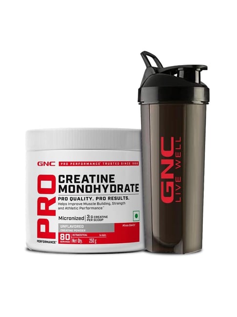GNC Creatine Monohydrate Pre/Intra/Post-Workout Powder with Shaker Combo - 250gm | 750ml
