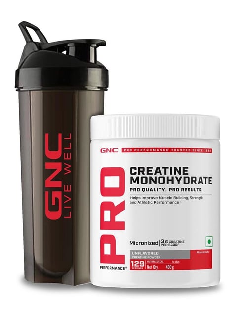 GNC Creatine Monohydrate Pre/Intra/Post-Workout Powder with Shaker Combo - 400gm | 750ml