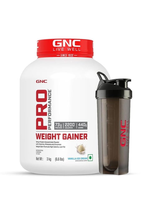 GNC Pro Performance Weight Gainer & Black shaker Combo Vanilla Ice Cream Post-Workout Powder - 3 kg