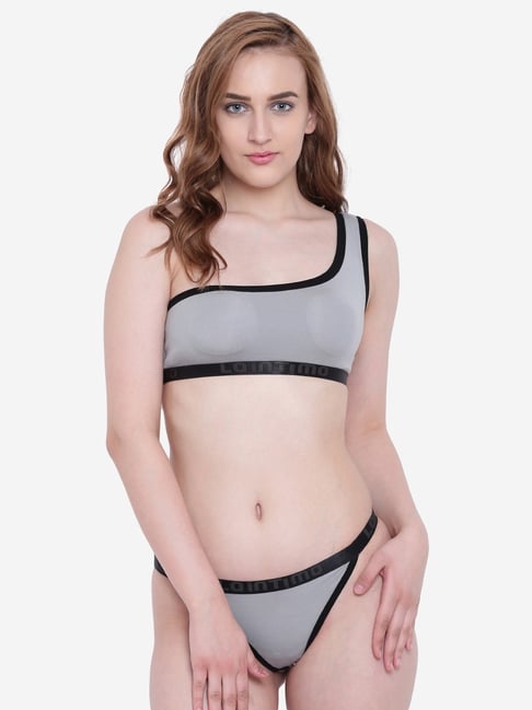 La Intimo Grey Solid Beach Pop Bikini Bra & Panty