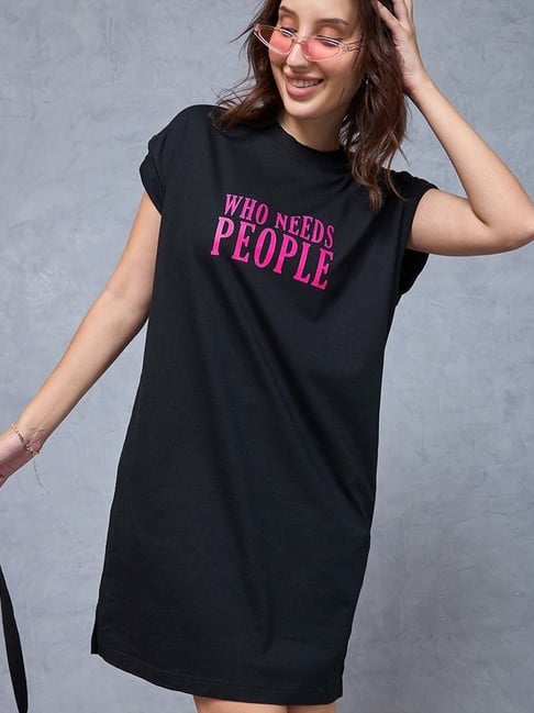 Bewakoof Women's Black People Typography Oversized T-Shirt Dress Black Cotton Jersey L