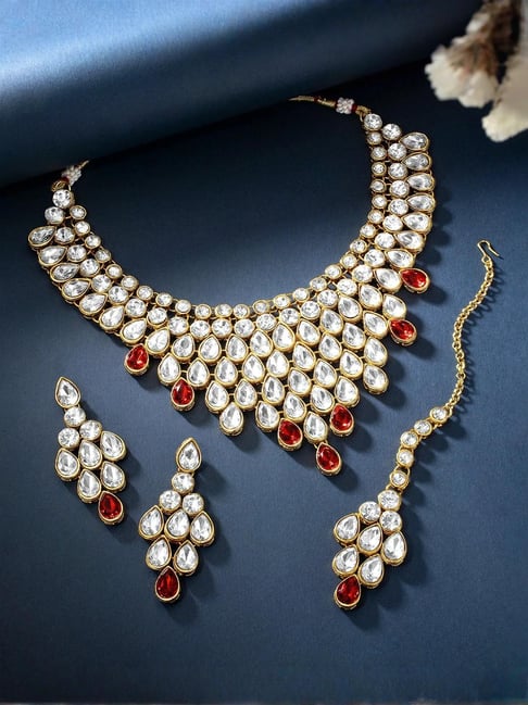 Peora Maroon Necklace with Earring & Maang Tikka Set-picture-29