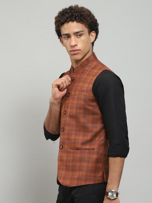 Monte Carlo Orange Regular Fit Checks Nehru Jacket