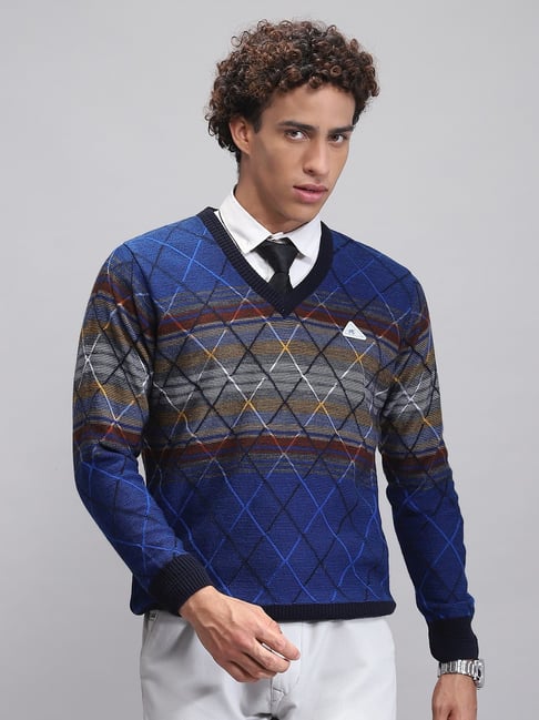 Monte Carlo Blue Regular Fit Abstract Sweater