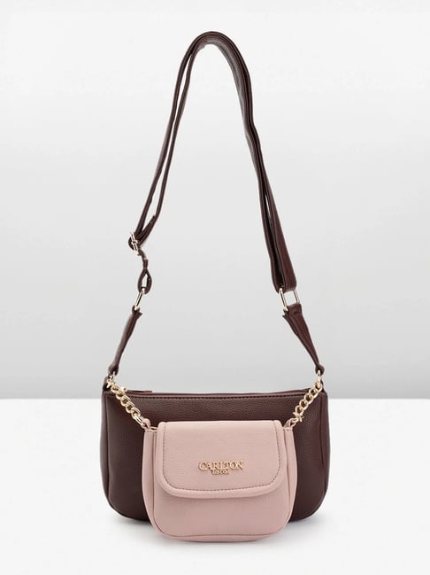 Carlton London Brown Pink Textured Medium Sling Handbag with