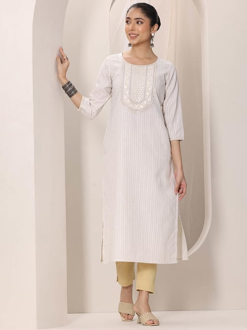 Libas Off White Floral Yoke Embroidered Woven Design Kurta with Pocket-picture-30
