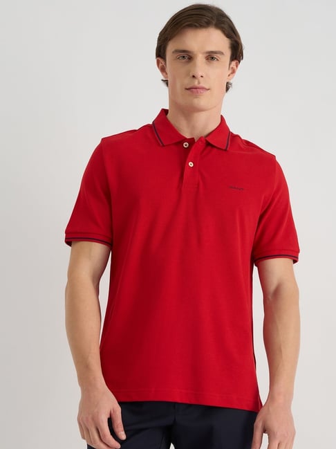 Buy GANT Mens Red Solid Polo Collar Short Sleeve T-Shirt (Casual