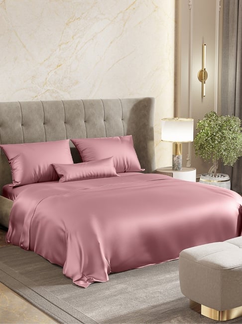Haus & Kinder Satin Royale Muted Rose 300 TC Double Flat Bedsheet with 2 Pillow Covers-picture-37