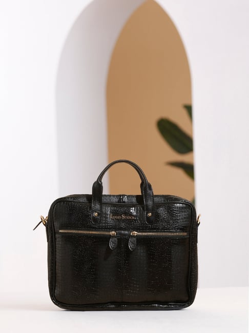 Louis Stitch Jet Black Textured Leather Medium Laptop Messenger Bag-picture-19