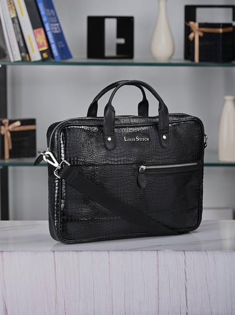 Louis Stitch Jet Black Textured Leather Medium Laptop Messenger Bag-picture-13
