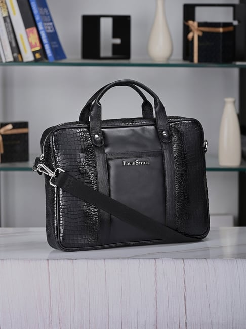 Louis Stitch Jet Black Textured Leather Medium Laptop Messenger Bag-picture-15