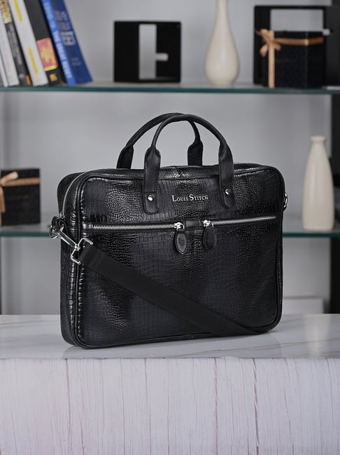 Louis Stitch Jet Black Textured Leather Medium Laptop Messenger Bag-picture-16