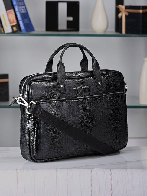Louis Stitch Jet Black Textured Leather Medium Laptop Messenger Bag-picture-14