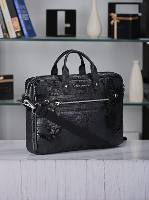 Louis Stitch Jet Black Textured Leather Medium Laptop Messenger Bag-picture-17