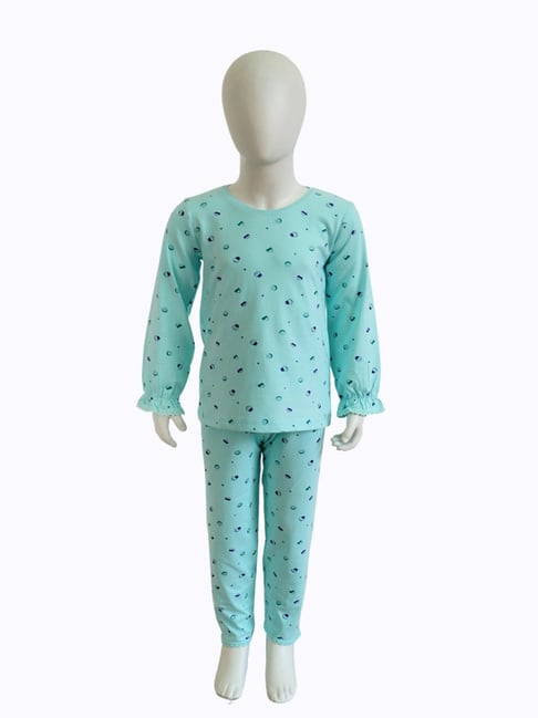 ZACH &KIKI Girls Blue Knit Printed Nightwear Set